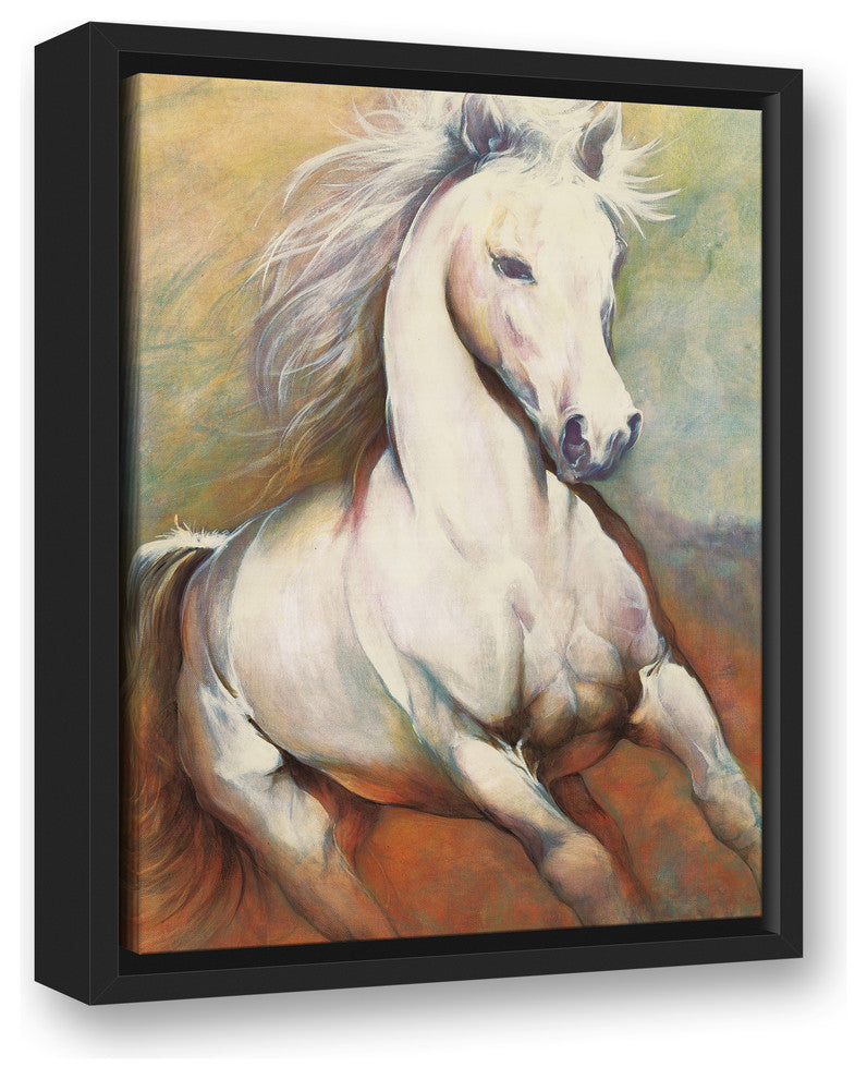 White Horse Running Wild 12x16 Black Floating Framed Canvas