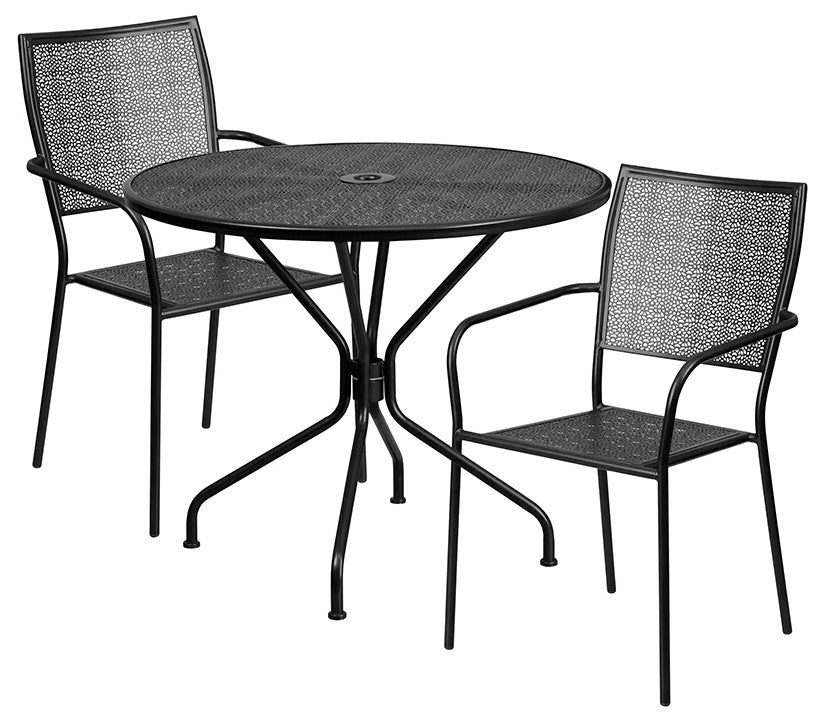 35.25'' Round Black Indoor-Outdoor Steel Patio Table Set, 2 Square Back Chairs
