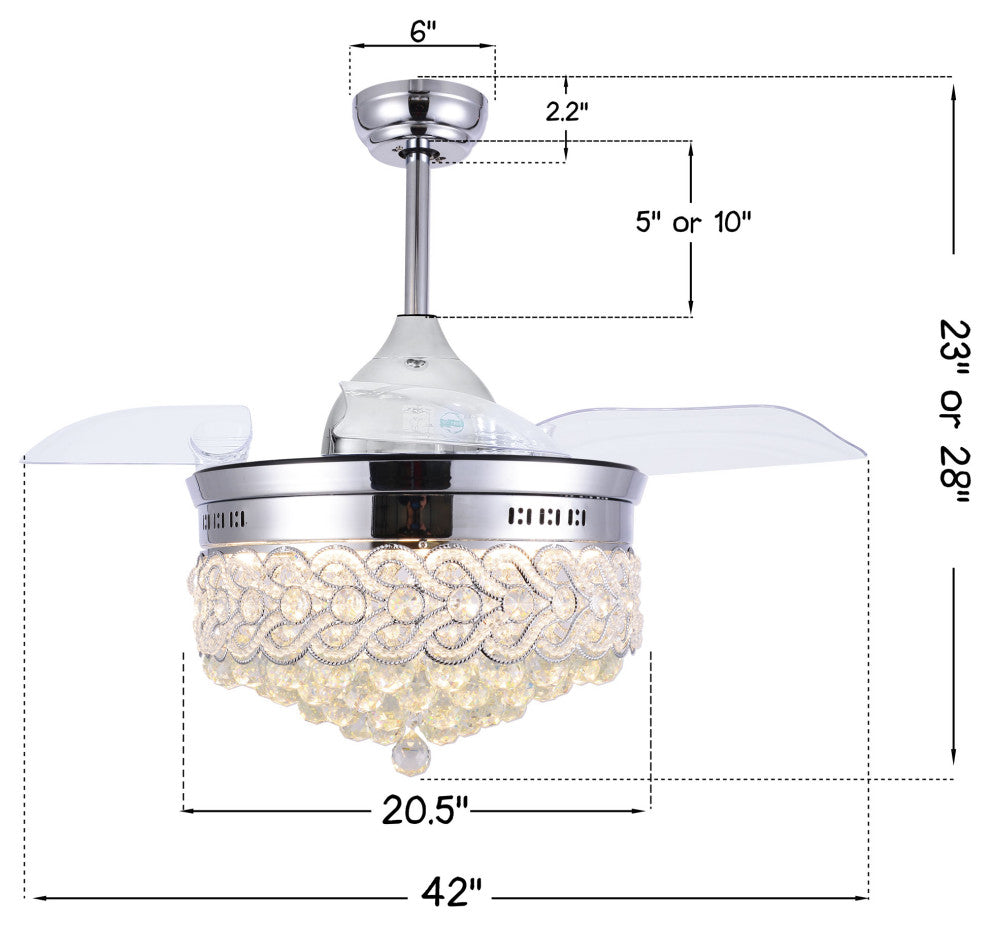 42" Modern Crystal Ceiling Fan with Lights and remote, Retractable Chandelier, Chrome, Neutral White (4000k)