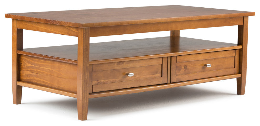 Warm Shaker Solid Wood 48 Inch Wide Rectangle Coffee Table In Light Golden Brown