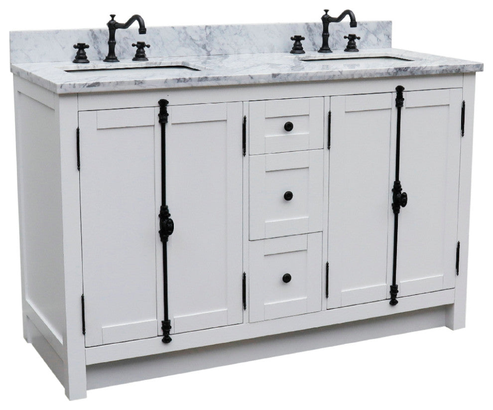 55" Double Vanity Glacier Ash With White Carrara Marble, Mirrors, Rectangle Sink
