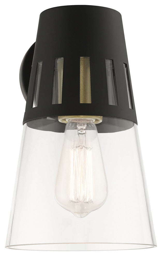 Covington 1-Light Black Outdoor Medium Wall Lantern, Soft Gold Accents