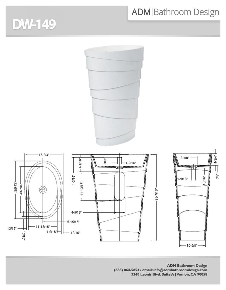 ADM Oval Freestanding Pedestal Sink, White, 24", Glossy White