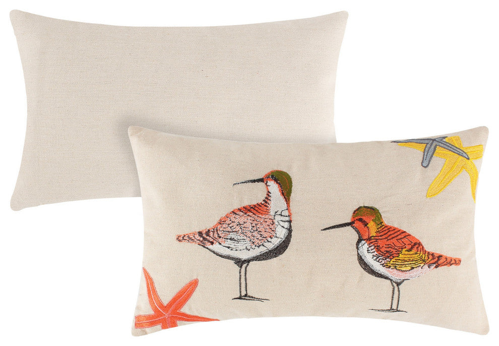Benzara BM293457 Throw Pillow, Hand Embroidered Shorebirds, Canvas and Linen