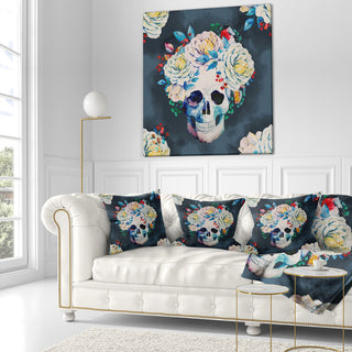 Watercolor Vector Skull Floral Throw Pillow, 18"x18"