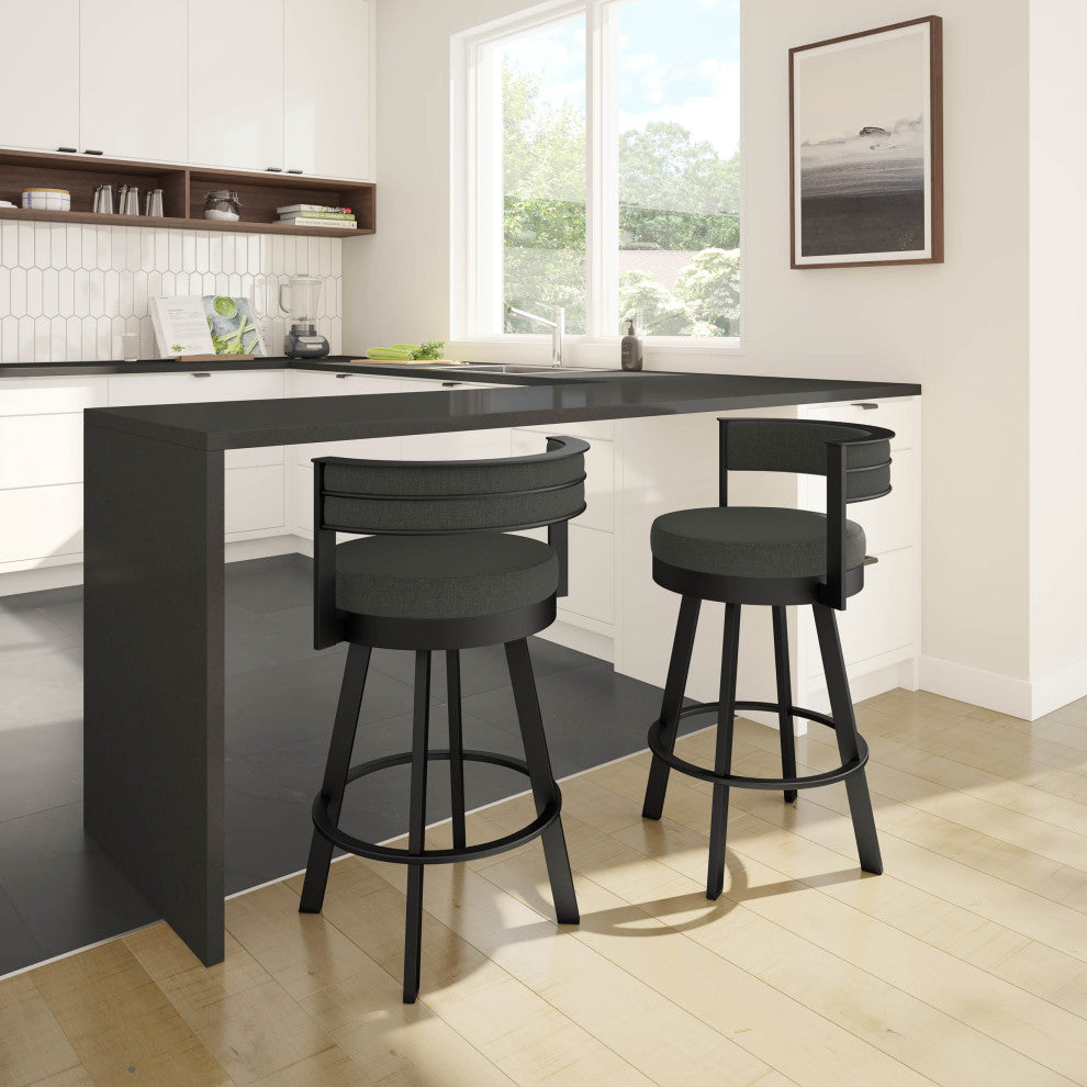 Amisco Browser Swivel Counter and Bar Stool, Charcoal Grey Polyester / Black Metal, Counter Height