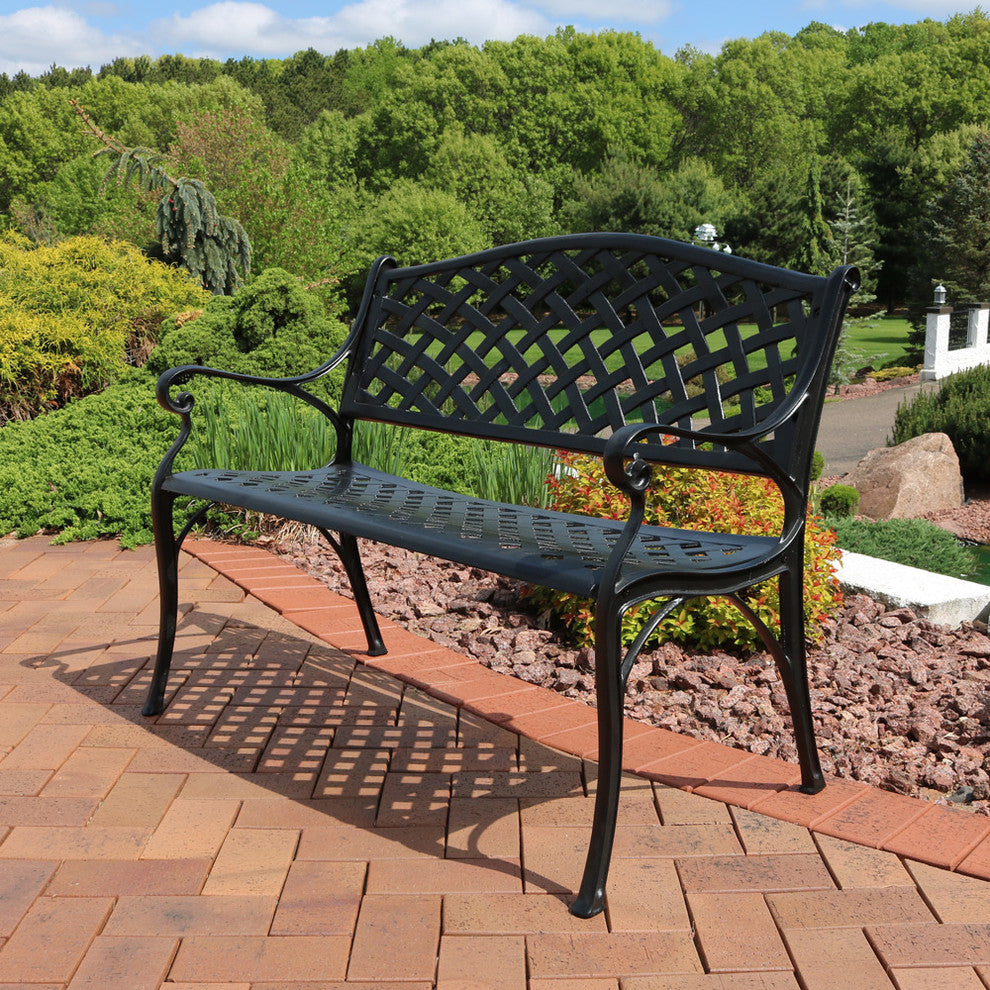 Sunnydaze 2-Person Black Checkered Cast Aluminum Outdoor Patio Garden Bench