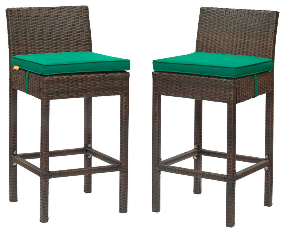 Modern Outdoor Patio Bar Stool Chair, Set of Two, Fabric Rattan, Brown Green