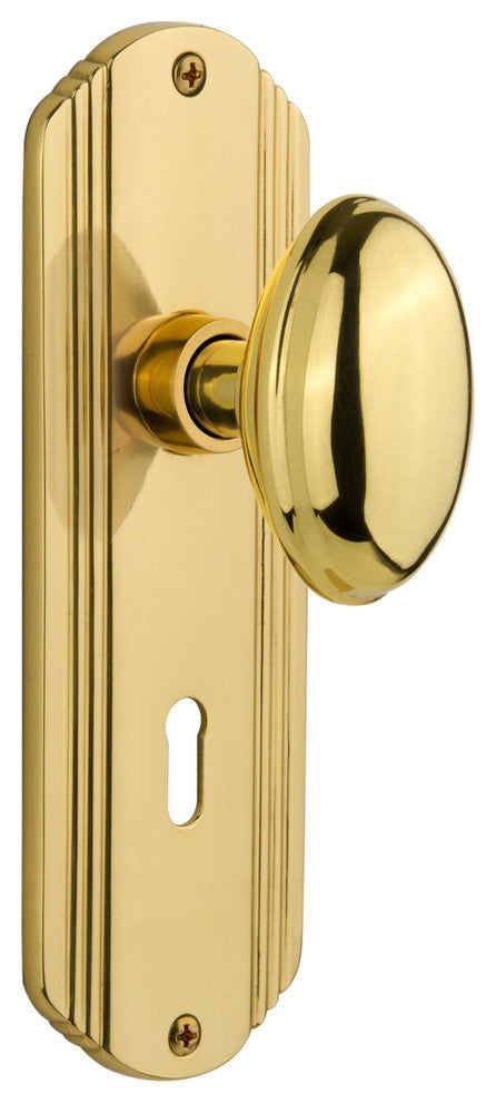 Deco Plate Interior Mortise Homestead Door Knob, Polished Brass