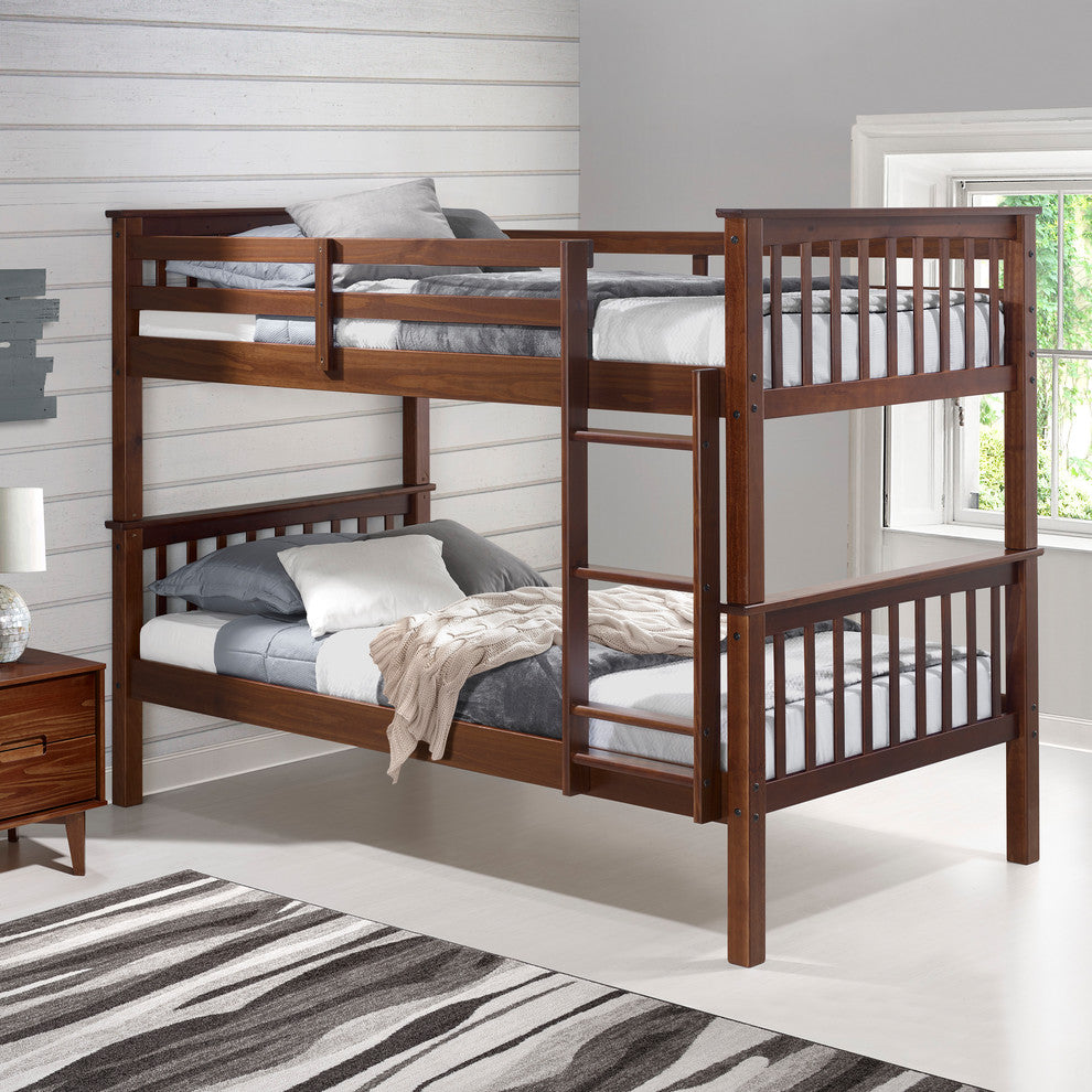 Solid Pine Wood Twin Over Twin Bunk Bed, Walnut