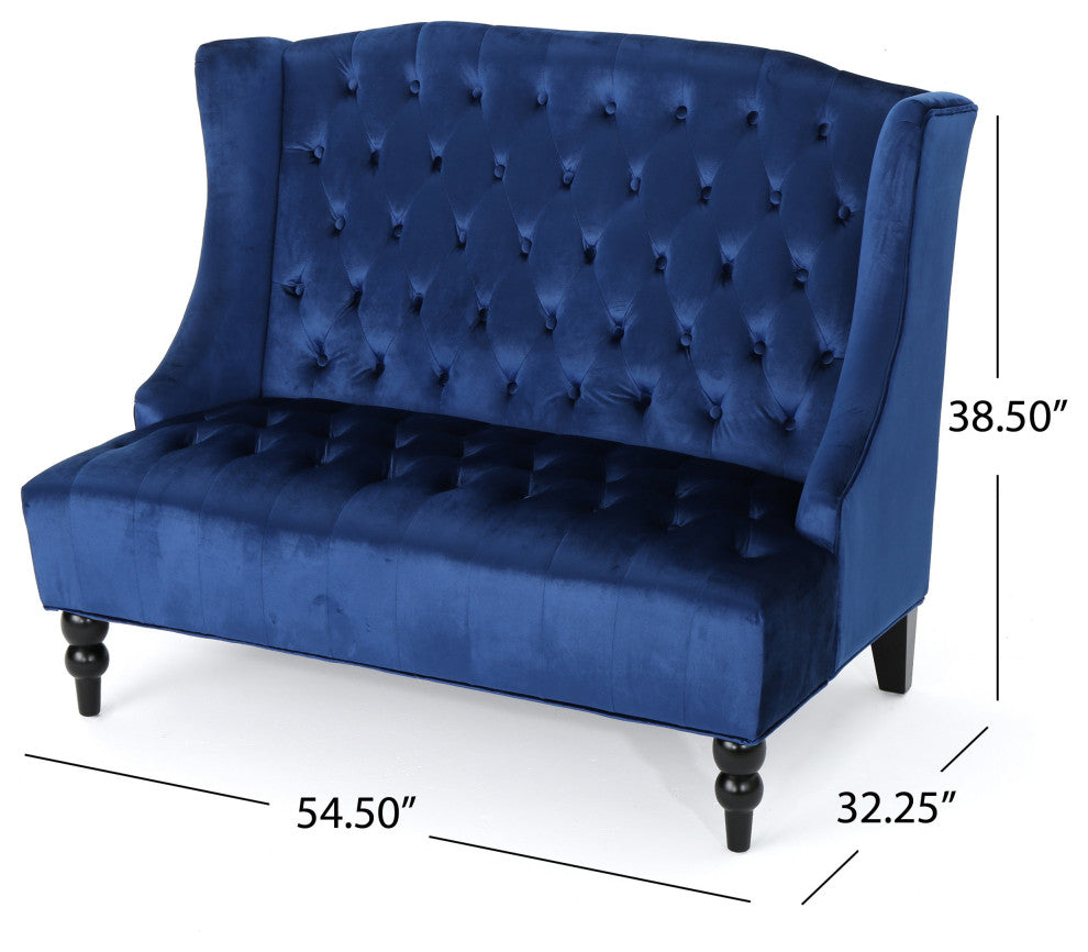 GDF Studio Leona Traditional High Back Tufted Winged Fabric Loveseat, Navy Blue