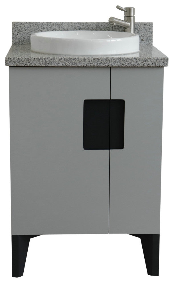 25" Single Sink Vanity, Light Gray Finish With Gray Granite And Round Sink