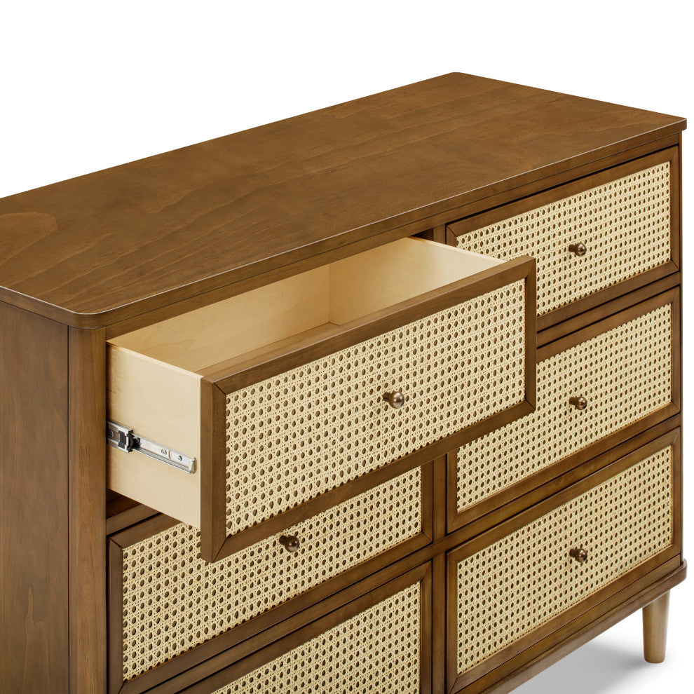Marin With Cane 6 Drawer Assembled Dresser, Natural Walnut/Blonde Cane