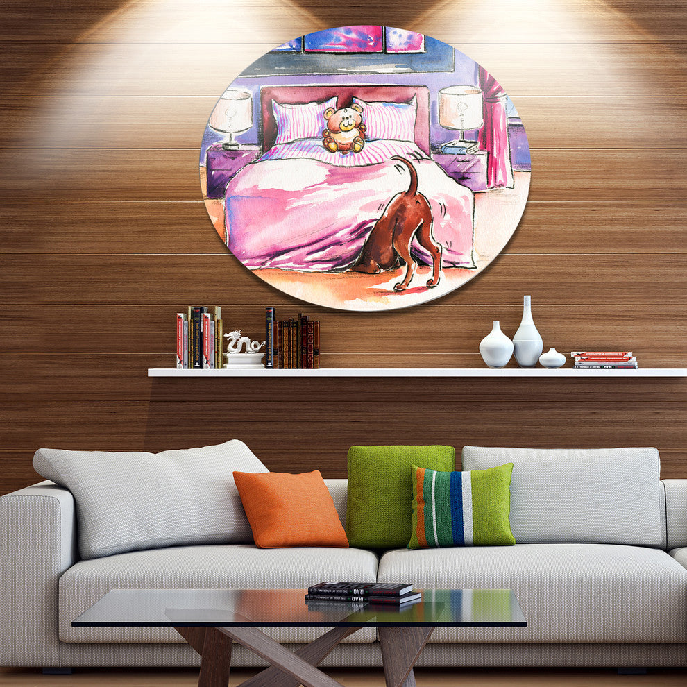 Brown Dog In Bedroom, Animal Disc Metal Wall Art, 23"