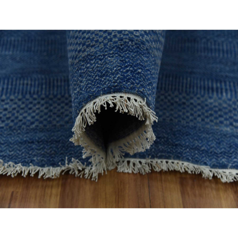Dark Sapphire Hand Knotted Grass Design Wool and Silk Oversized Rug, 12'x18'