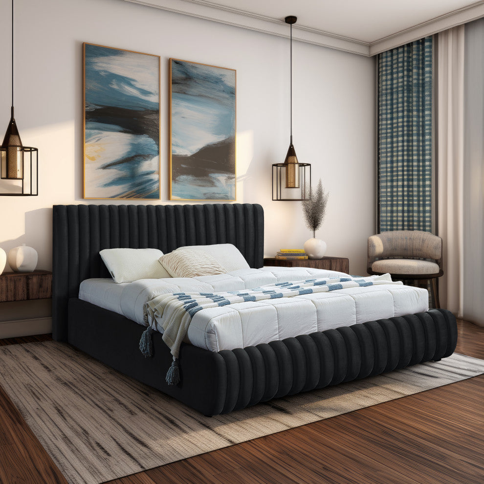 Nico Black Velvet Upholstered Bed, Black, King