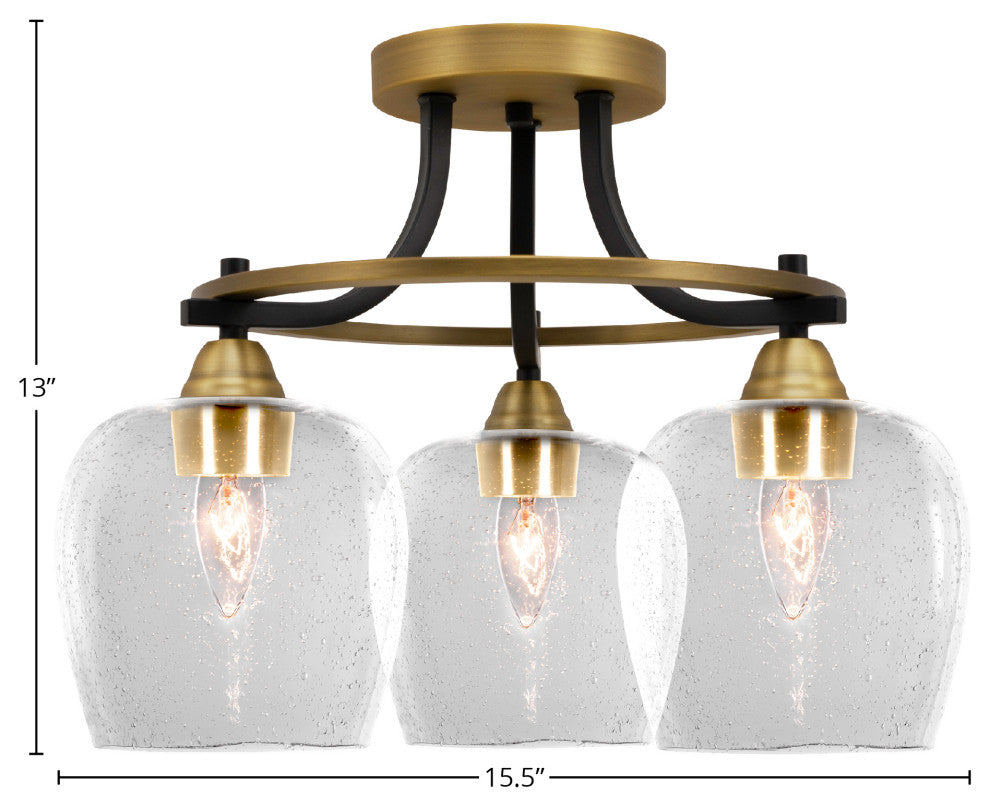 Paramount 3-Light Semi-Flush Light, Matte Black & Brass, 6" Clear Bubble Glass