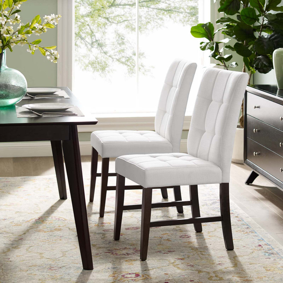 Tufted Side Dining Chair, Set of 2, Fabric, Wood, White, Cafe Bistro Restaurant