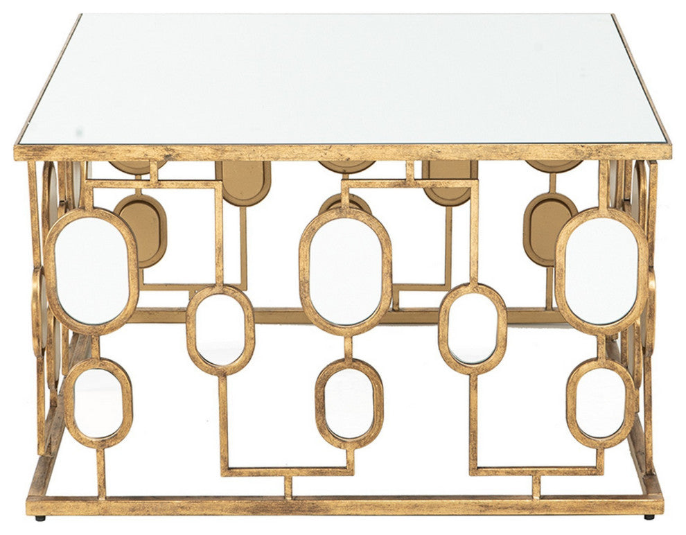 Benzara Coffee Table, Mirror Top, Geometric Patterns, Iron, Modern, Gold