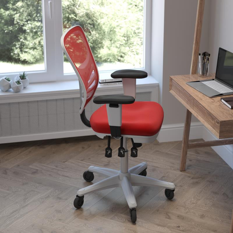 Nicholas Mid-Back Multifunction Ergonomic Office Chair-Red Mesh/White Frame