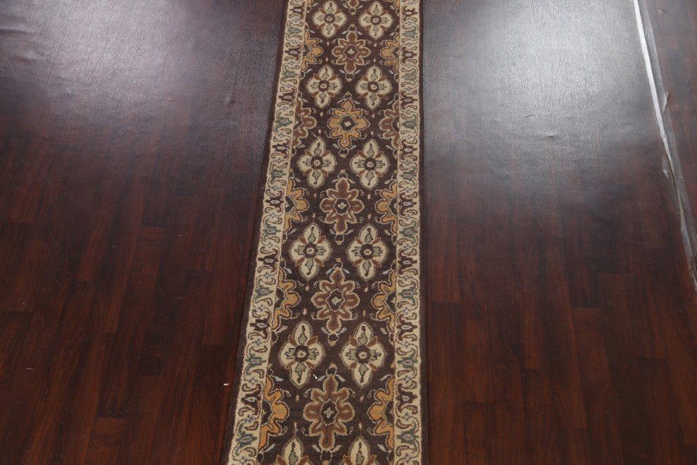 Floral Brown Traditional Oriental Runner Rug Hand-tufted Wool Carpet 3x19
