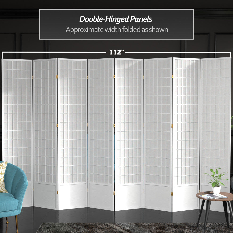 7' Tall Window Pane Shoji Screen, White, 8 Panels