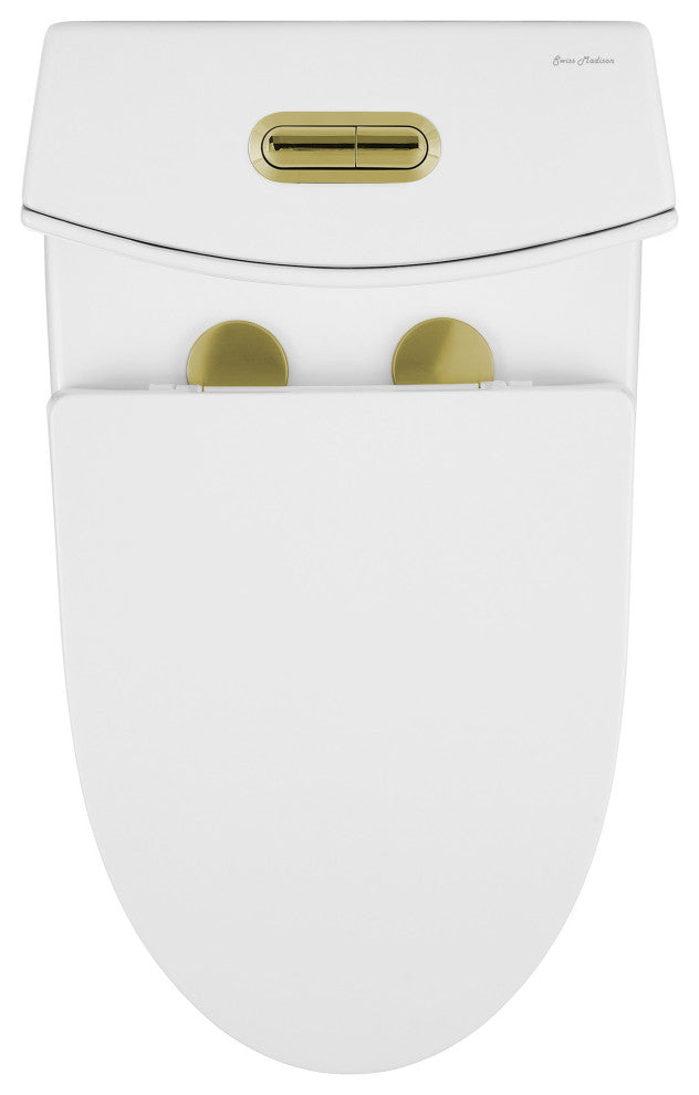 St. Tropez Elongated Toilet, Dual Vortex Flush, Glossy White With Gold Hardware