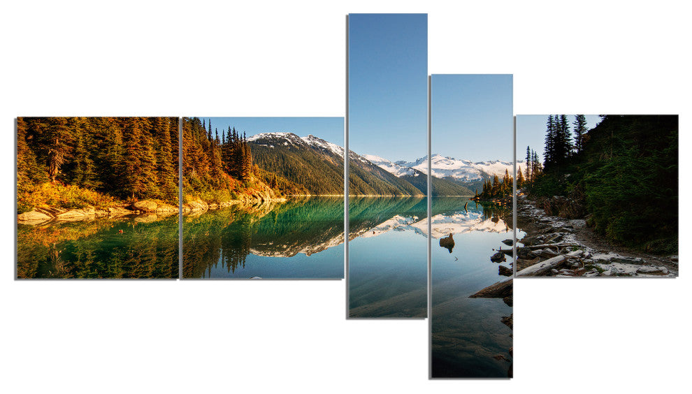 Snowy Path Along Mountain Lake, Landscape Canvas Art Print, 60"x32", 5 panels