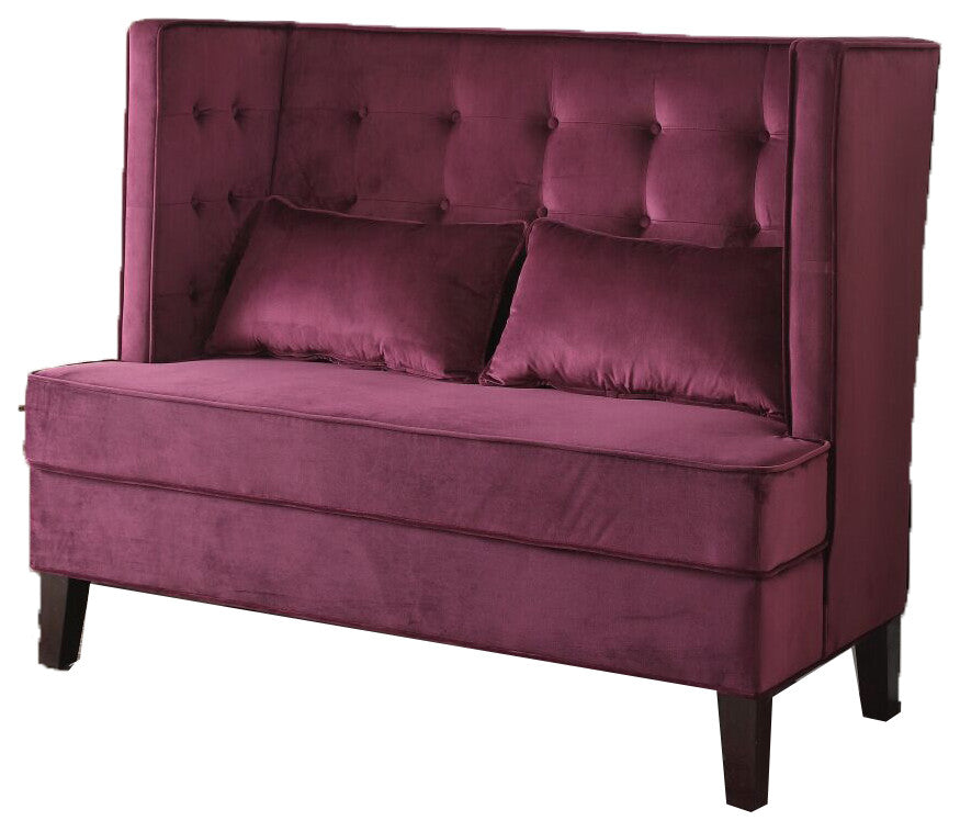 Settee With 2 Pillows, Magenta Fabric Fabric, Rubber Wood, Plyw Magenta Fabric