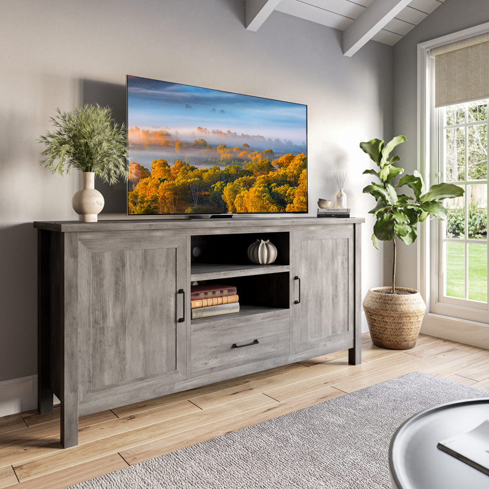60 Inch Farmhouse TV Stand or Entertainment Center, Gray Wash