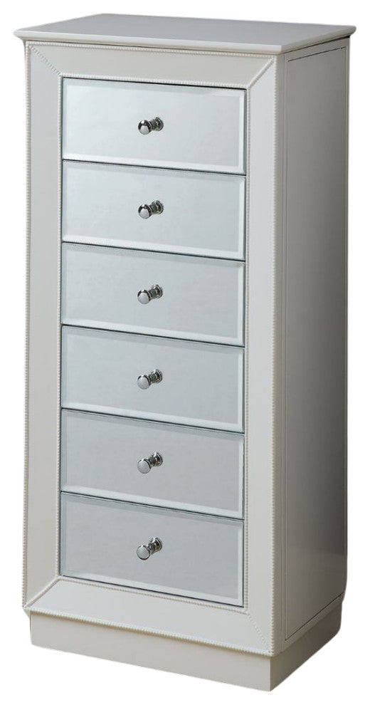 38" White Six Drawer Wood and Mirrored Glass Jewelry Armoire