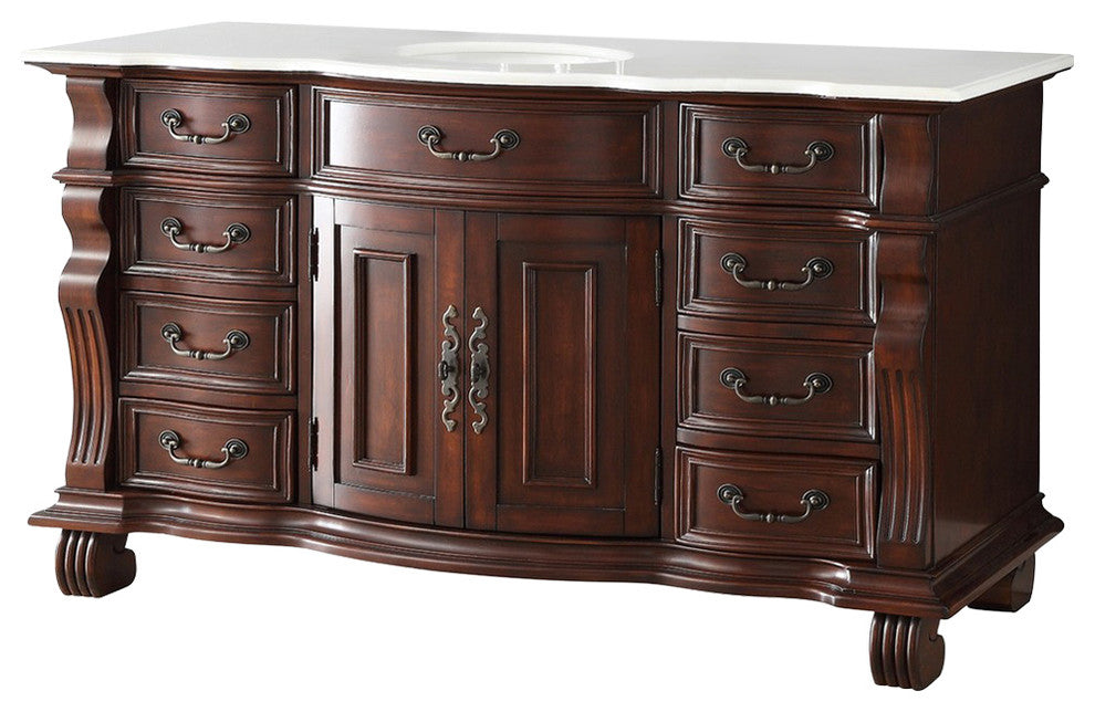 60 inch Cherry Wood Hopkinton Bathroom Sink Vanity White Marble Top