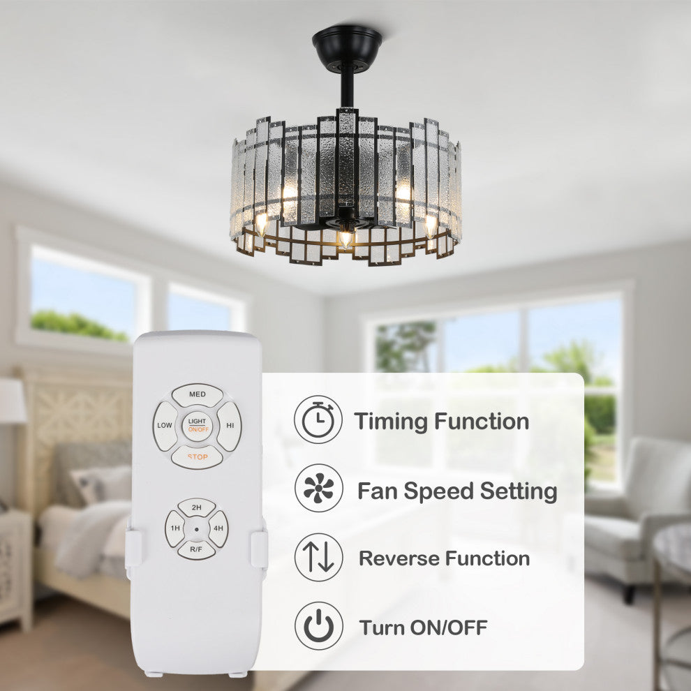 20" Modern Matte Black Ceiling Fan w Metal Frame Glass Shade