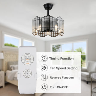 20" Modern Matte Black Ceiling Fan w Metal Frame Glass Shade