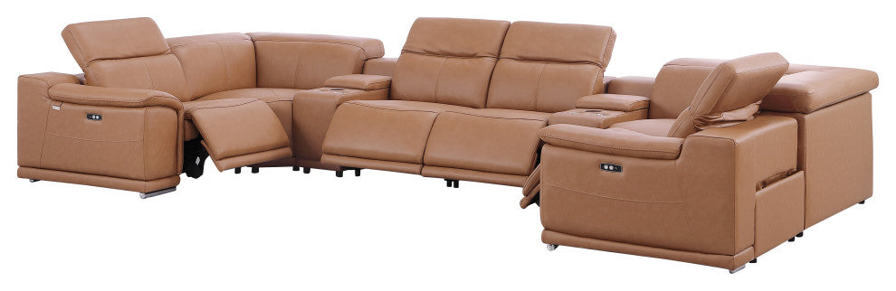 Federico 8-Piece Top Grain Italian Leather U Sectional-4 Power Recliners, Cognac