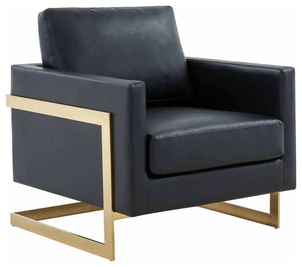 LeisureMod LA31BL-L Lincoln Black Leather Accent Armchair With Gold Frame