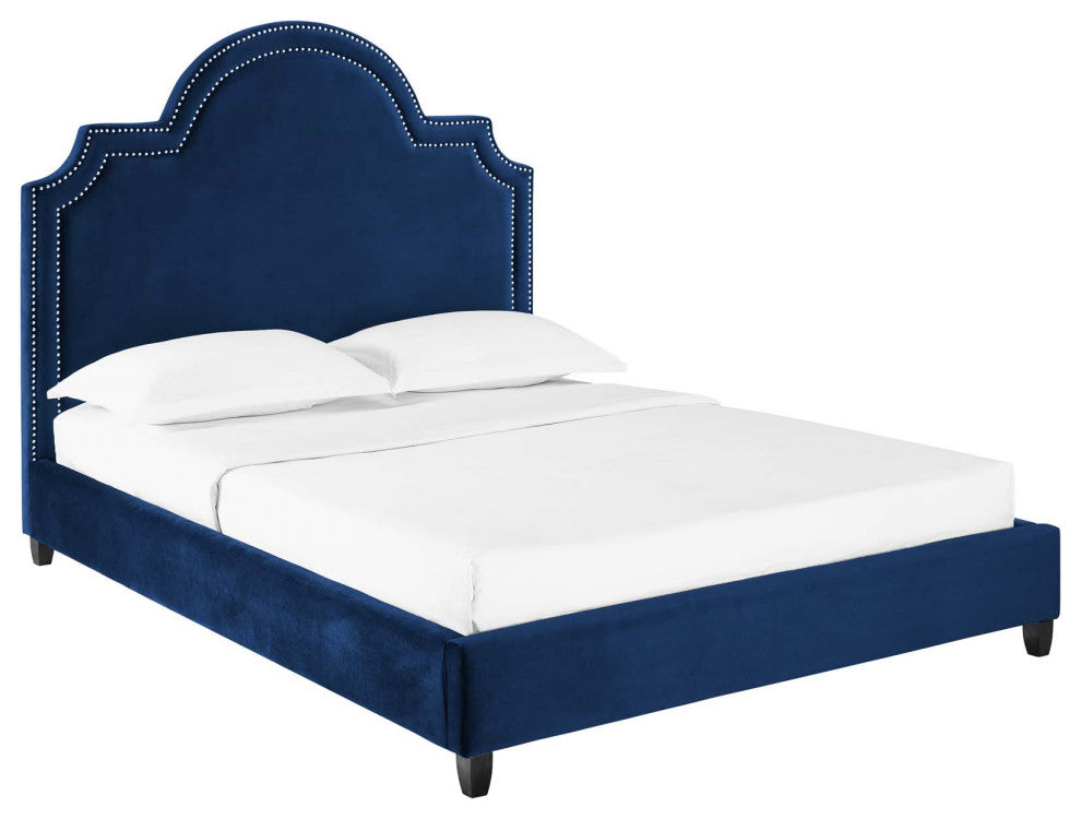 Navy Primrose Queen Performance Velvet Platform Bed