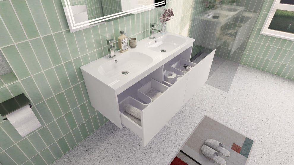 AIPO Wall-Mount Vanity Set With LED Mirror, Faucet, Drain, Matte White, 48" Doub