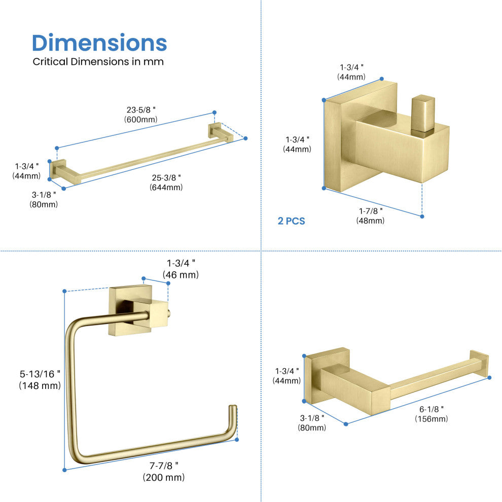 Cube 5-Piece Bathroom Hardware Set, Brushed Gold