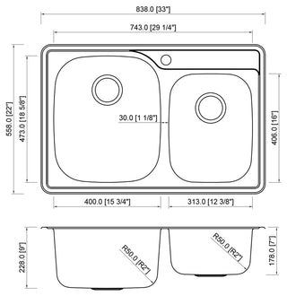 33" Topmount Drop-In Stainless Steel 60/40 Kitchen Sink Combo