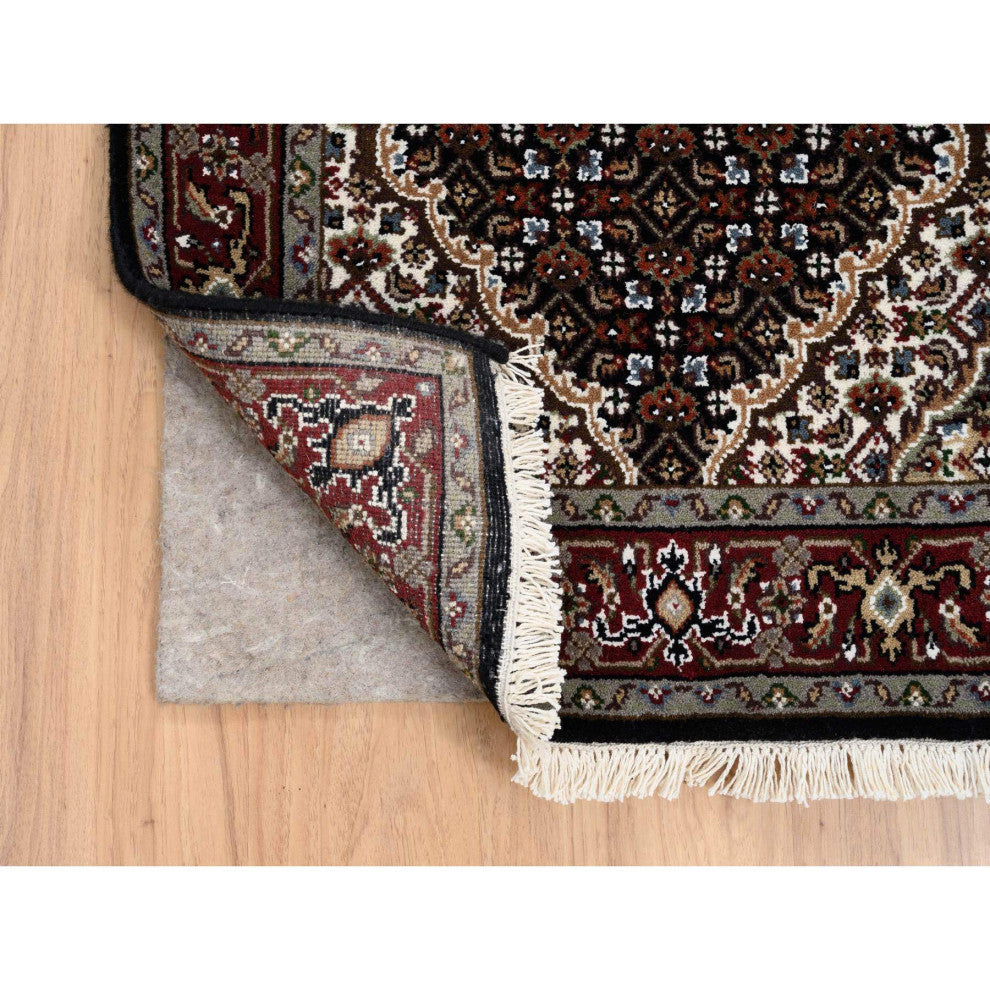 Rich Black Hand Knotted Soft Wool and Silk Runner Oriental Rug, 2'4"x27'1"