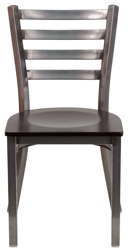 Clear Coated Ladder Back Metal Restaurant Chair, Walnut Wood Seat
