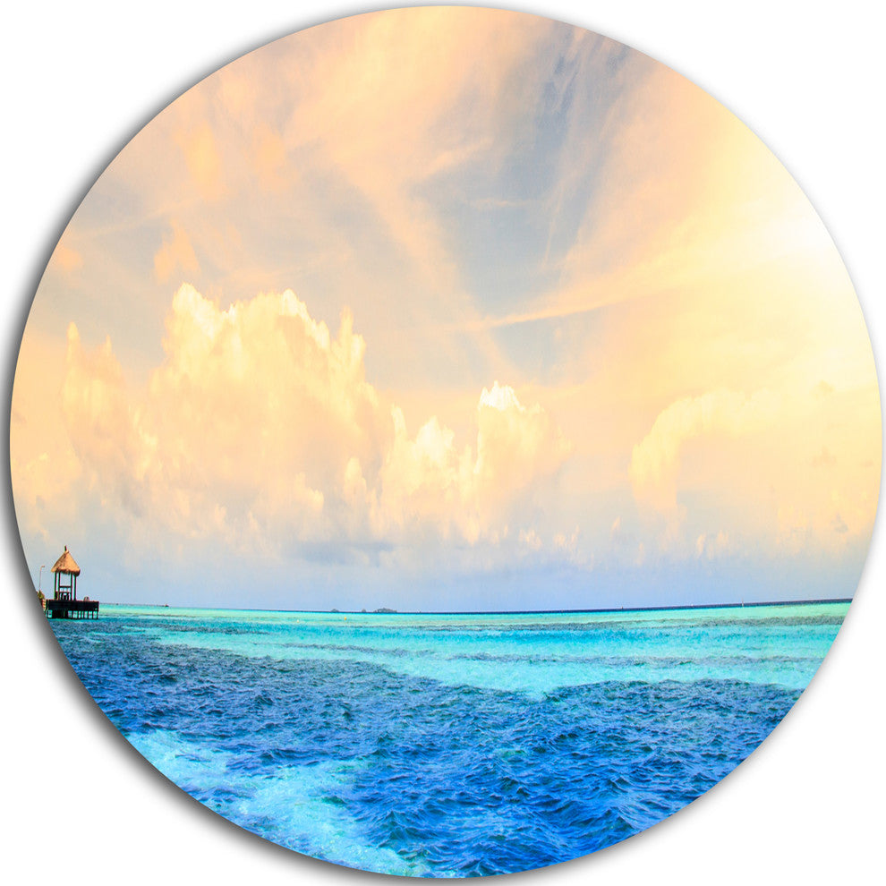 Maldives Bungalows Sunset Panorama, Seascape Round Wall Art, 11"