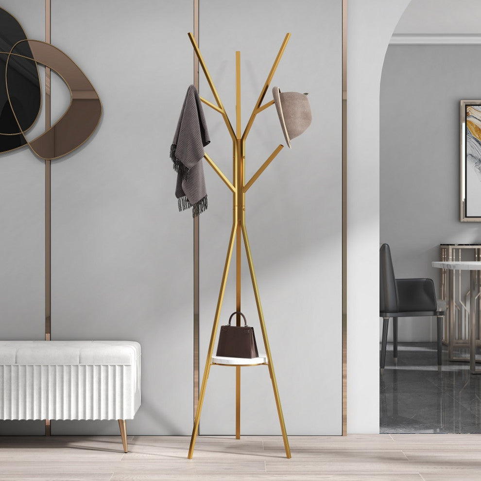 70.9" Modern Freestanding Coat Rack Hanging with Shelf Marble Base, Gold