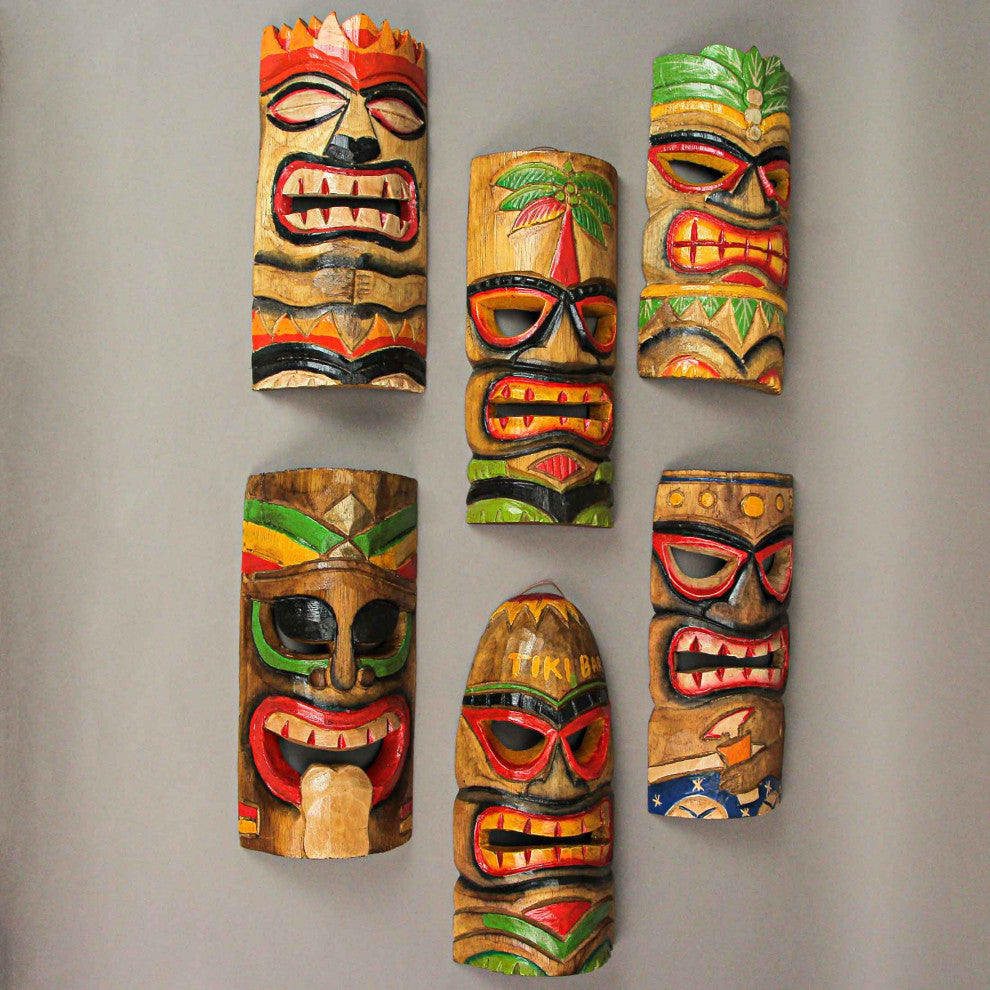 10 Piece Polynesian Party Hand Carved Island Style Wooden Tiki Masks 10 Inch