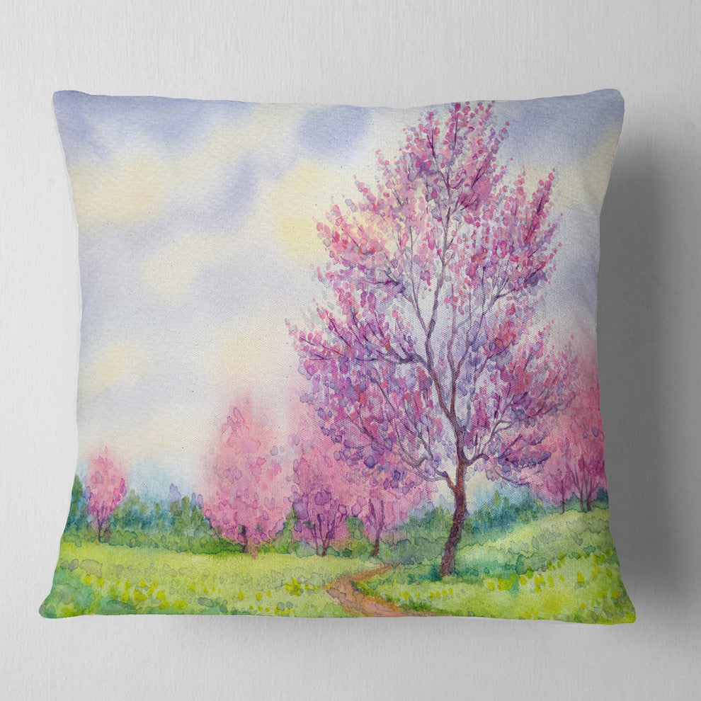 Purple Spring Landscape Floral Throw Pillow, 18"x18"