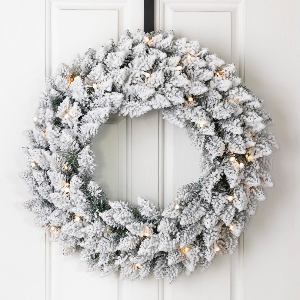 24"D Pre-Lit Snow Flocked Christmas Wreath With Warm White LED Light