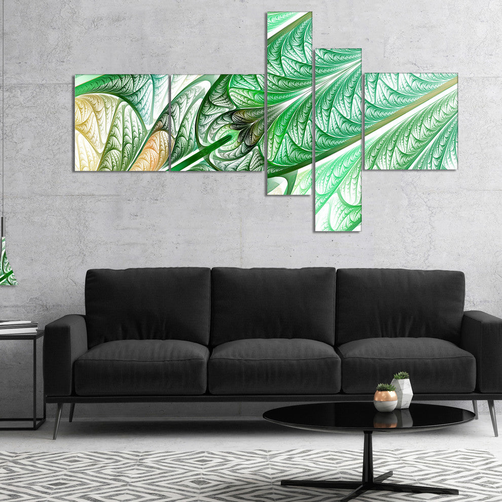 Green on White Fractal Stained Glass, Abstract Wall Canvas, 60"x32", 5 panels