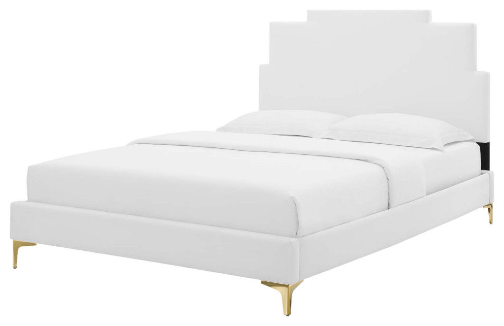 Platform Bed Frame, King Size, Velvet, White, Modern Contemporary, Bedroom