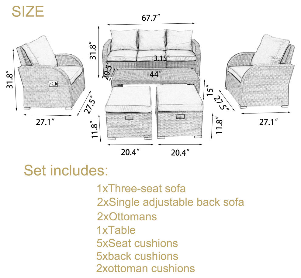 Rattan Patio Sofa Set Water Resistance Outdoor Chairs Set, Gray